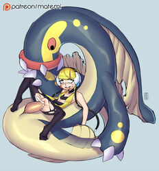 blonde_hair claws cum cum_in_pussy eelektross elesa_(pokemon) female gym_leader highres matemi pantyhose penis pokemon pokephilia pussy rolling_eyes spread_legs tears tongue tongue_out torn_pantyhose