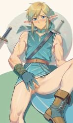 ai_generated blonde_hair blue_eyes cuntboy elf elf_ears flustered intersex link link_(breath_of_the_wild) muscular showing_pussy shy spreading_legs spreading_pussy the_legend_of_zelda toned toned_cuntboy