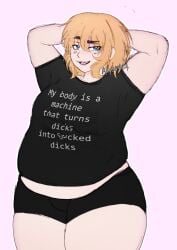 2boys akyumu android arms_behind_head arms_up big_belly black_shirt black_shorts blonde_hair blue_eyes chubby chubby_femboy fat fat_femboy femboy humanoid_robot male male_only meme_clothing milo_(akyumu) moobs pale_skin puffy_chest shirt_up square_irises