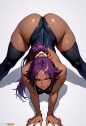 ai_generated artist_name ass bangs bare_shoulders black_leotard black_thighhighs bleach blush breasts dark-skinned_female dark_skin female hands_on_ground high_resolution highres jack-o'_challenge leotard long_hair looking_at_viewer meme parted_bangs ponytail purple_hair shihouin_yoruichi shiny shiny_clothes shiny_skin simple_background smile solo spread_legs stable_diffusion thick_thighs thighhighs thighs top-down_bottom-up waifuscans418 white_background wide_spread_legs yellow_eyes