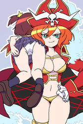 >:) 2girls absurdres aqua_eyes ass ass_visible_while_carried breasts carrying_over_shoulder cleavage coat corset dungbeetle_(artist) hair_between_eyes hat highres lalaco_godspeed large_breasts life_fiber luluco mother_and_daughter multiple_girls navel orange_hair panties pantyshot pirate pirate_hat revealing_clothes short_hair skirt smile space_patrol_luluco underwear white_panties