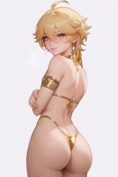 acw aether_(genshin_impact) ai_generated ass bikini blonde_hair femboy gay gold_bikini thong