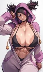 1girls abs ai_generated alternate_costume alternate_outfit areolae areolae_slip bikini black_bikini black_hair capcom huge_breasts juri_han kosine1777 large_breasts muscular_female onesie open_clothes open_onesie open_pajamas pajamas pink_onesie street_fighter street_fighter_6 toned toned_female twintails