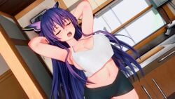 3d 3d_(artwork) armpits arms_behind_head belly belly_button big_breasts breasts closed_eyes date_a_live kitchen light-skinned_female long_hair no_bra open_mouth purple_eyes purple_hair shirt shorts solo solo_female thick_thighs thighs