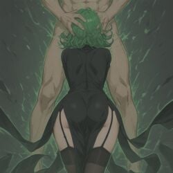 ai_generated aura black_dress black_legwear civitai clothed clothed_female clothed_female_nude_male clothed_sex clothing dress fellatio garter_belt garter_straps green_hair hands_on_head implied_fellatio implied_oral one-punch_man stockings tatsumaki thighhighs thighs