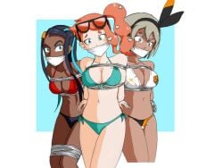 2d 2d_(artwork) 3girls arms_behind_back bea_(pokemon) blue_eyes bondage bondage bound bra dark-skinned_female dark_skin female female_focus female_only gag gagged gagged_female game_freak glasses headband human human_only light-skinned_female light_skin looking_at_viewer nessa_(pokemon) nintendo panties pantyhose pokemon sonia_(pokemon) submissive submissive_female thick_thighs thighs uncomfortable uncomfortable_bondage