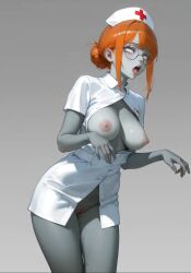 1girls ai_generated breasts breasts_out drooling exposed_breasts exposed_pussy functionally_nude glasses infected nurse open_clothes open_mouth orange_hair partially_clothed pussy red_hair zombie zombification