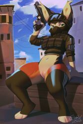 2023 5_fingers alternate_version_at_source anthro avian bird bottomless building bulletproof_vest clothed clothing dated digital_media_(artwork) eyewear eyewear_on_head female fingers fur genitals goggles goggles_on_head gryphon gun handgun hi_res holding_gun holding_object holding_ranged_weapon holding_weapon inno-sjoa_(character) legwear looking_at_viewer mask multicolored_body mythological_avian mythological_creature mythology narrowed_eyes navel orange_body orange_fur outside pantsless pink_vulva ranged_weapon signature sitting sky solo stockings syrrvya tactical_gear tail teacup_gryphon thick_thighs thigh_highs topwear vulva weapon