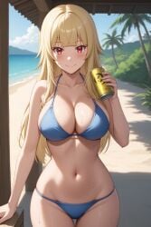 1girl ai-created ai_generated bare_arms bare_shoulders beach beer beer_can bikini blonde_hair blue_bikini blue_sky blunt_bangs blush breasts can cleavage closed_mouth cloud collarbone cowboy_shot day drink_can female gokukoku_no_brynhildr groin halterneck hand_up hime_cut holding holding_can large_breasts long_hair looking_at_viewer navel ocean outdoors palm_tree pixiv red_eyes rena_aikawa_(pixiv_user) sand sidelocks skindentation sky smile solo stable_diffusion standing stomach string_bikini sweat swimsuit tachibana_mina_(gokukoku_no_brynhildr) thigh_gap thighs tree water wet