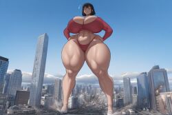 ai_generated asian_female black_hair city destruction female_oc full_body_view giantess hands_on_hips landscape massive_thighs muscular pixai short_hair surprised_face unfazed