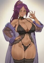 african_female ai_generated big_breasts bleach bleach:_the_thousand-year_blood_war curvy_female dark-skinned_female lingerie maxelartdesign midriff ok_sign ponytail purple_hair robe shihouin_yoruichi thick_thighs tongue_out wide_hips