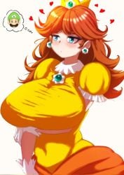 1girls big_breasts blue_eyes breasts brown_hair crown dress earrings female green_hat heart hudie_jun luigi mario_(series) princess_daisy super_mario_bros. thinking thinking_of_someone_else white_gloves