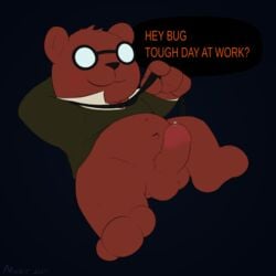 2017 angus_delaney anthro balls bear clothed clothing erection eyewear fur glasses hair humanoid_penis looking_at_viewer mabit male male_only mammal night_in_the_woods nude penis simple_background smile solo spreading video_games