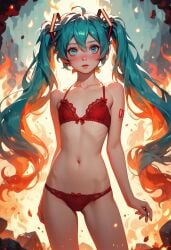 ai_generated blue_eyes blue_hair close-up cute cute_face detailed_eyes fire hatsune_miku hell light-skinned_female light_skin lips red_bra red_panties