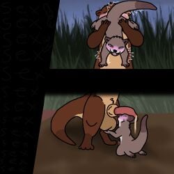 1:1 accessory adult_(lore) anal animal_genitalia anthro arms_out ass ass_up ball_fondling balls big_balls big_penis black_border blush blushing_profusely bodily_fluids border breath brown_body brown_fur butt_grab closed_eyes cock_ring comic darkened_balls darkened_genitalia dirt duo ears_down ears_up erection eye_roll feet floor fondling front_view fur genital_fluids genitals grass hand_on_butt hindpaw holding_partner jav_(zlite) jewelry kneeling kneeling_on_ground kneeling_oral_position knot knot_in_sheath knotted_penis leaking_precum looking_pleasured male male/male mammal messy_fur mustelid nature nature_background open_mouth oral otter panting paws penis penis_accessory penis_jewelry penis_on_head pivoted_ears plant precum raised_tail rimming scar semi-anthro servicing_from_below sex shaking sheath shivering side_view sky spots tail tan_body tan_fur teeth text tongue tuft two_panel_image wood wood_floor zlite