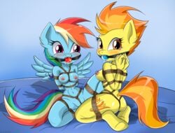 2girls anthro arms_behind_back ball_gag blush bondage bondage_harness bound breasts female female_only femsub friendship_is_magic frogtie gag gagged gaggeddude32 multiple_girls multiple_subs my_little_pony rainbow_dash_(mlp) rope rope_bondage smooth_skin spitfire tied_legs