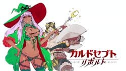 1boy 1girls axe bandai bare_shoulders belt big_boobs big_breasts big_tits bikini blunt_bangs boobs breasts brown_background chain cleavage criss-cross_halter culdcept culdcept_(series) culdcept_revolt curvy dark_body dark_skin dark_skinned_female earrings frills green_bikini green_headwear green_jacket green_legwear green_panties green_shorts green_witch_hat halterneck hand_on_own_hip hat high_heels holding holding_axe hourglass_figure hypna jacket japanese_text jewelry large_breasts lipstick long_hair looking_at_viewer luchador_mask makeup mask midriff multiple_views muscular nail_polish navel nishimura_kinu official_art open_clothes open_jacket open_mouth pink_hair pink_hair_female purple_hair revealing_clothes short_shorts shorts simple_background staff standing title tits wand witch witch_hat yellow_eyes zonx