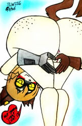 anthro anus bangs bent_over big_butt blush butt eyewear felid feline female freckled_butt freckled_face freckles gameoverse genitals glitch_productions goggles heart_symbol hi_res looking_at_viewer mammal praise_da_booty_(meme) presenting presenting_anus presenting_hindquarters presenting_vulva scratch_(gameoverse) speech_bubble theloanwanderer216 traditional_media_(artwork) vulva