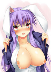 animal_ears blazer blush breasts bunny_ears female highres hoshizuki_(seigetsu) huge_breasts jacket lactation long_hair nipples open_clothes open_shirt purple_hair red_eyes reisen_udongein_inaba shirt solo touhou very_long_hair