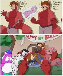 2025 2_panel_comic 30th_birthday ailurid anthro anthro_pred anthro_prey anus april_(month) aquatic ass balloon banner belly best birthday birthday_party black_body black_fur black_hair blue_body blue_eyes bottomwear brown_body brown_fur brown_hair canid canine canis clothing colored comic dalmatian domestic_dog dragon english_text erection feet fish fur furniture genitals glans green_balloon green_eyes green_sofa group hair happy_birthday head_first hi_res horn inflatable inside inside_stomach internal male male/male male_pred male_prey mammal markings membrane_(anatomy) multiple_prey musclegut muscular mustelid mythological_creature mythological_scalie mythology navel nude_anthro nude_male nude_pred nude_prey on_sofa open_mouth oral_vore otter otter_tail pandottermon pants partially_inside party penis pink_anus pink_body pink_fur poof poof_transformation purple_eyes purple_hair raised_tail red_body red_eyes red_fur red_panda scalie shark sitting sitting_on_sofa smile sofa spots spotted_body spotted_fur tail teeth text toes tokens_(tokenspanda) tongue vore webbed_feet white_body white_fur willing_pred willing_prey