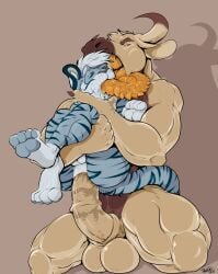 2025 anal anal_sex animal_genitalia animal_penis anthro anus ass balls big_dom_small_sub big_penis blue_body blue_fur bodily_fluids bovid bovine brown_background brown_body carry_position claws colored dated deep_kiss dominant dominant_male duo equine_genitalia equine_penis feet felid french_kissing fucked_silly fur genital_fluids genitals green_eyes hair horn huge_cock kissing kneeling kneeling_sex long_tongue male male/male mammal matthias_(tigereye7669) medial_ring muscular nude_male open_mouth oral pandottermon pantherine penetration penis perineum pink_anus precum restrained ridiculous_fit saliva sex signature simple_background size_difference tail tan_body tan_penis tiger tongue tongue_out unusual_anatomy unusual_tongue yellow_eyes yellow_tongue