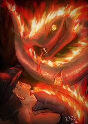 anating_feral anatomically_correct anatomically_correct_genitalia anatomically_correct_vulva big_dom_small_sub boitata brazilian_mythology cloacal cloacal_penetration coiling_around_body dark_body dark_scales dominant duo el_kyze female feral fire fire_body flaming_body genitals glowing glowing_eyes hi_res human larger_penetrated male mammal penetration questionable_consent reptile scales scalie simple_background size_difference snake submissive submissive_male tongue tongue_out vulva