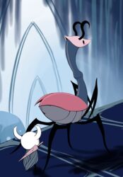 1girls ambiguous_gender anthro arthropod blush detailed_background duo female female_focus feral hollow_knight insects protagonist_(hollow_knight) queblock restricted_palette size_difference standing team_cherry willoh_(hollow_knight)