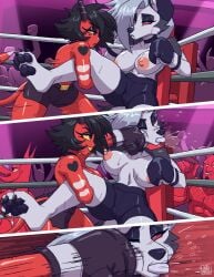 2026 2girls absurd_res anthro areolae boxing cameo catfight comic cow_and_chicken crowd deathzera demon digital_media_(artwork) female female_only fighting full_color furry hellhound helluva_boss interspecies loona_(helluva_boss) millie_(helluva_boss) monster_girl mouthguard onomatopeia red_skin ryona self_upload sweat tagme the_red_guy topless