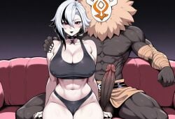 1boy 1boy1girl 1girl1boy 1girls a about_to_be_raped about_to_have_sex abs ai_assisted ai_generated arlecchino_(genshin_impact) black_choker black_eyes black_hair black_lipstick black_nails breasts choker cleavage couch covered_nipples dark-skinned_male dark_room dark_skin earrings erection female genshin_impact grey_hair hand_on_another's_shoulder hilichurls_(species) hoyoverse inminent_rape inminent_sex interracial jewelry large_breasts leggings mihoyo multicolored_hair muscular muscular_male nay_juno netorare sitting thighs uncensoraed underwear very_dark_skin