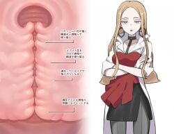 1girl 1girls black_choker black_skirt blonde_hair breasts cervix chart choker clothing coat cross-section cross_section crossed_arms earrings female female_only green_eyes hoop_earrings japanese_text jewelry long_hair looking_at_viewer oleana_(pokemon) open_clothes open_coat pencil_skirt pipi20211026 pokemon pokemon_sword_and_shield pussy_chart red_shirt shirt skirt text translation_request uncensored uterus white_coat