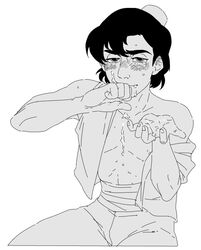 1boy after_sex aladdin aladdin_(character) arab_male black_hair blush cum cum_in_mouth cum_on_body cum_on_face disney gay male male_only monochrome o_chinchin_rando solo solo_focus sweat yaoi