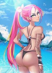 1girls arm_tattoo ass back_view beach bikini bubble_butt eyeshadow ganguro gyaru looking_at_viewer looking_back_at_viewer nail_polish pink_nails plumeria_(pokemon) pokemon pokemon_sm ponytail rinkuuart rinyuu_nsfw smiling_at_viewer tattoo team_skull tribal_tattoo two-tone_hair