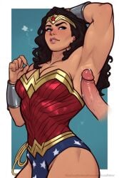 ai_generated armpit_fetish armpit_sex armpits big_penis buff clothed clothed_female dc dc_comics diana_prince muscular muscular_female nsfwaibs precum precum_drip smiling wonder_woman