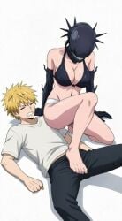 1boy 1girls ai_generated barefoot bomb_devil chainsaw_man denji_(chainsaw_man) denki_anma dominant_female feet female femdom foot_domination foot_fetish footjob footjob_over_clothes male malesub nail_polish reze_(chainsaw_man) stepped_on stepping_on_penis submissive_male tagme trample trampling underwear video