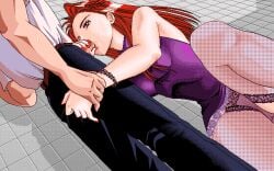 1boy black_pants breasts camisole circle_mate dutch_angle fellatio female game_cg grabbing_another's_arm kneeling large_breasts long_hair maki_(circle_mate) miriko open_fly oral panties pants pc-98_(style) penis pink_panties pixel_art purple_camisole red_hair uncensored underwear