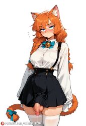 ai_generated animal_ear_fluff animal_ears bell black_skirt blue_bow blue_bowtie blue_eyes blush bow bowtie braid breasts button_gap carminroux cat_ears cat_girl cat_tail closed_mouth collared_shirt cowboy_shot female flying_sweatdrops futanari high-waist_skirt jingle_bell large_breasts long_hair long_sleeves looking_at_viewer oc orange_hair penis pleated_skirt shirt shirt_tucked_in simple_background skirt sleeves_past_wrists solo suspender_skirt suspenders tail testicles thighhighs twin_braids uncensored white_background white_shirt white_thighhighs zettai_ryouiki