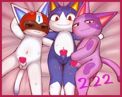 animal_crossing anthro armor balls bed belly blush bob_(animal_crossing) bodily_fluids border censored domestic_cat erection felid feline felis furniture genital_fluids genitals group headgear helmet hi_res kid_cat_(animal_crossing) looking_at_viewer lying male male/male mammal mixeeeel navel nintendo nude on_back penis precum red_border rover_(animal_crossing) slightly_chubby trio