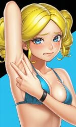 1girls ai ai_art ai_generated anonemus1 armpits blonde_hair blue_eyes bubbles_(fusionfall) bubbles_(powerpuff_girls) cartoon_network female fusionfall pixai powerpuff_girls solo solo_female spread_armpit tagme