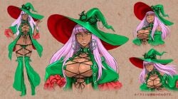 bandai bare_shoulders big_boobs big_breasts big_tits bikini blunt_bangs boobs breasts brown_background cleavage criss-cross_halter culdcept culdcept_(series) culdcept_revolt curvy dark_body dark_skin dark_skinned_female earrings female_focus frills gradient_background green_bikini green_headwear green_high_heel_boots green_jacket green_panties green_shorts green_witch_hat halterneck hand_on_own_hip hat high_heels hourglass_figure hypna jacket jewelry large_breasts laugh lipstick long_hair looking_at_viewer makeup midriff multiple_views nail_polish navel nishimura_kinu official_art open_clothes open_jacket open_mouth pink_hair pink_hair_female pink_lipstick purple_hair revealing_clothes short_shorts shorts simple_background standing tits witch witch_hat yellow_eyes