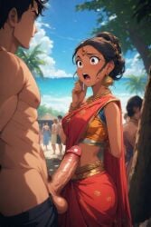 ai_generated balls big_cock big_penis bindi black_hair clothed_female_nude_male cock dark-skinned_female earrings forehead_jewel gold_jewelry indian indian_clothes indian_female jewelry open_mouth penis penis_out red_clothing saree sari shirtless shirtless_male shocked shocked_expression shocked_female