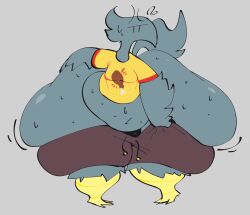 1boy anthro anthro_male big_ass big_belly bird bird_boy bird_legs bird_tail black_thong bottomwear bubble_ass bubble_butt bulge drawstring drumstick_(food) front_view grey_background grey_body grey_wings hand_on_ass huge_ass hyper_butt jiggling jiggling_ass kite_(neetbean) male male_only movement_lines neetbean overweight overweight_male short shorts shorts_down struggling_to_fit sweat_on_face sweatdrop sweating sweaty_ass sweaty_body t-shirt tail thick_legs thick_thighs thong wardrobe_malfunction wide_hips wings