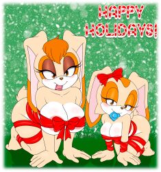 2girls accessory all_fours animal_ears anthro areola areola_slip bdsm big_breasts blush bondage bound bow bow_ribbon breasts brown_eyes bunny_ears bunny_girl bunny_tail christmas cleavage closed_smile clothed clothing condom condom_in_mouth condom_wrapper cream_the_rabbit daughter daughter_(lore) duo english_text female female_anthro furry furry_female furry_only green_background hair_accessory hair_ribbon hairbow half-closed_eyes holidays humanoid lagomorph large_breasts leporid looking_at_viewer mammal medium_breasts merry_christmas mother mother_(lore) mother_and_child mother_and_child_(lore) mother_and_daughter mouth_hold multiple_girls naked naked_female narrowed_eyes nude nude_female object_in_mouth orange_eyes orange_hair parent parent_(lore) parent_and_child parent_and_child_(lore) parent_and_daughter parent_and_daughter_(lore) rabbit rabbit_ears rabbit_girl rabbit_tail ribbon ribbon_bondage ribbons sega sexual_barrier_device simple_background smile sonic_(series) sonic_the_hedgehog_(series) tail text the_knight vanilla_the_rabbit