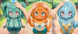 1boy 3girls ai_generated big_breasts bulbasaur charmander cute female_anthro female_focus generation_1_pokemon head_pat headpat human patting_head pokemon pokemon_(species) pov shorter_female small_breasts squirtle taller_male wholesome