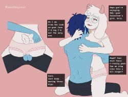 4_fingers anal anthro anthro_penetrated ass balls balls_deep bareback bell bell_collar bent_legs big_butt blue_body blue_hair blush bodily_fluids bottomwear bovid caprine clothed clothing clothing_aside collar cum cum_in_ass cum_inside darkner deltarune dialogue duo english_text erection erection_under_clothing eyewear femboy fingers frilly fur genital_fluids genitals glasses goat grabbing_partner hair half-closed_eyes hand_under_clothing hi_res holidays horn hug human human_on_anthro human_penetrating human_penetrating_anthro humanoid_genitalia humanoid_penis interspecies kissing_neck kneeling kris_(deltarune) kris_dreemurr lingerie looking_pleasured male male/male male_penetrating mammal narrowed_eyes open_mouth panties panties_aside pants partially_clothed paws peachboysmut penetration penile penile_penetration penis pink_clothing pink_lingerie pink_underwear ralsei round_glasses sex simple_background sitting_on_another speech_bubble tail tail_motion tailwag text text_box undertale_(series) underwear underwear_aside valentine's_day wearing_glasses white_body white_fur