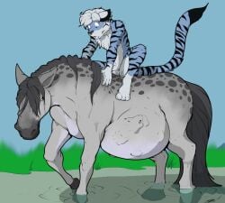 2019 animal_genitalia anthro balls belly big_belly black_body black_fur blue_body blue_fur blue_sky body_outline celtic_mythology colored dated day duo equid equine european_mythology felid feral feral_pred fur genitals grass grey_body grey_fur hair hooves horseback_riding huge_belly kelpie larger_feral larger_pred male male/male male_feral mammal matthias_(tigereye7669) mythological_creature mythological_equine mythology nude_anthro nude_male nude_pred outside pandottermon pantherine partially_submerged plant riding scared sheath signature sitting size_difference sky slimy_body smaller_anthro standing_in_water sticky stomach_bulge swamp tail tiger unwilling_prey vore walking willing_pred