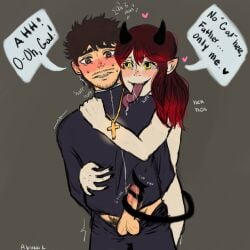 balls blush demon edging feminine gay glowing_eyes grabbing_from_behind hispanic male_only mlm original original_characters penis precum priest pubic_hair skinny sweating tail tail_job two_men veiny_penis yaoi