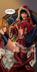 3girls allison_carter anne_(sunstone) arms_behind_back bondage boots breasts christmas christmas_outfit female female_only femdom femsub imminent_cunnilingus latex lisa_williams mistletoe multiple_females multiple_girls multiple_subs spread_legs stjepan_sejic sunstone_(comic) thigh_boots threesome yuri