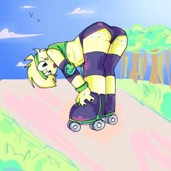 1boy ass blush blush_lines blushing blushing_male broz_boyz broz_boyz_go clouds cyan_eyes digital_art doodle freckles freckles_on_ass freckles_on_face grass green green_hair green_skin male oc ocs original_character original_characters park pussy_juice pussy_juice_drip roller_skates rollerskates sky trees zlayway_(miles)
