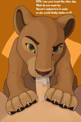 2:3 bodily_fluids brown_body brown_fur claws dialogue disney dominant dominant_female dominant_feral duo english_text eyebrows felid female female_feral feral first_person_view fur genitals hi_res human human_pov humanoid_genitalia lion lotnik5 male male/female male_on_feral mammal nala_(the_lion_king) oral pantherine paws penis question_mark raised_eyebrow saliva saliva_on_penis shaded simple_background simple_shading sitting submissive submissive_male submissive_pov talking_to_viewer tan_body text the_lion_king toony yellow_eyes zoophilia