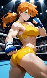 abs ai_generated aqua_eyes ass asymmetrical_hair audience bangs bare_shoulders biceps blue_eyes blue_gloves blush bodily_fluids bra breasts buruma clenched_hands closed_mouth clothing crowd female female_only fighting_stance fingerless_gloves gloves green_eyes kasumi_(pokemon) large_breasts long_hair medium_breasts midriff muscle muscular_female navel orange_hair pokemon pokemon_character ponytail shorts side_ponytail solo solo_focus sports_bra sportswear stadium stage_lights sweat thick_thighs thighs tied_hair twisted_torso underwear watching